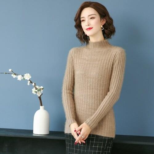 Pullover womens mink knit sweater solid color slim bottoming shirt half turtleneck sweater autumn and winter basic sweater top