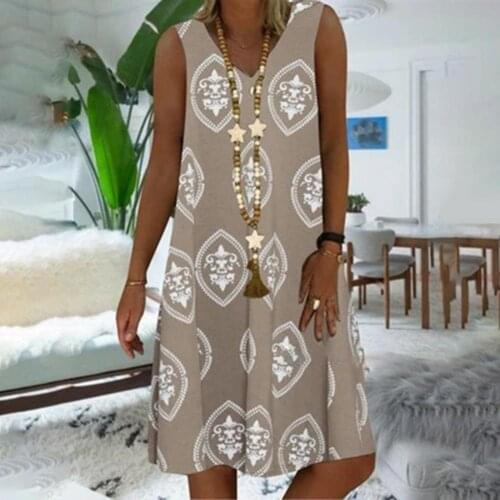 New Sexy Fashion Women Vintage Casual Dress V Neck Soft Knee Length Ladies Sleeveless Printing Dress for Beach Plus XXXL