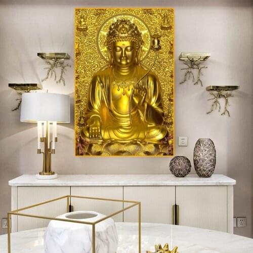 Golden Buddha Statue Canvas Painting Buddhism Religion Wall Art Posters Prints Modern Living Room Home Decoration Pictures