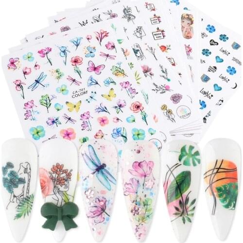 1pc 3D Nail Stickers Spring Summer Natural Flower Leaves Simulation Dried Flower Dragonfly Nail Applique Water Slides Decoration