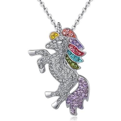 2019 Rainbow Color Crystal Unicorn Necklaces & Pendants for Babys Birthday Gift Cute Womens Rhinestone Horse Animal Jewelry