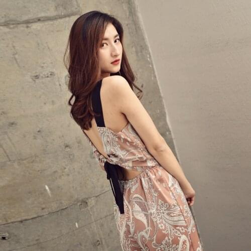 252 Summer 2021 Ice Silk Backless Womens Elastic Waist Sleepwear Nightwear Oneise Print Pajamas Jumpsuit Sleep Wide leg pants