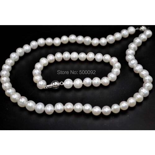 Free shipping 7.5-8.5mm white freshwater pearl necklace and bracelet sets