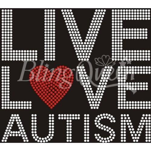 BlingQueen 25PCS/LOT Rhinestone Transfers Iron On Motifs Live Love Autism Designs