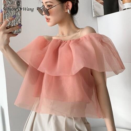 WHITNEY WANG Designer Style Sexy Puffy Slash Neck Solid Mesh Tops Women Blouse Lady Blusas Shirt Girls Party Wear