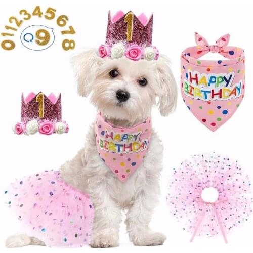 Pet Birthday Crown Gauze Skirt Saliva Towel Pink Suit GIRL Dog Birthday Party Decorative Clothing Supplies