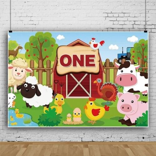 Newborn Baby One Year Old Birthday Photography Background Cartoon Farm Chicken Pigs On Grassland Backdrops Table Photo Poster