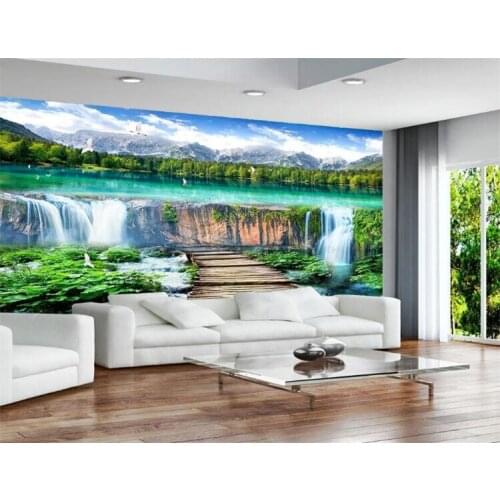 Chinese Style Waterfalls Landscape Wood Bridge Photo Mural Wallpaper Living Room TV Sofa Backdrop Wall Covering Home Decor Mural