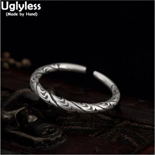 Uglyless Real 990 Fine Silver Opening Ring Handmade Engraving Finger Jewelry Vintage Ethnic Women Rings Vulcanized Thai Jewelry