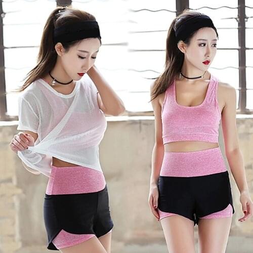 High Waist Three Piece Yoga Set Sportswear for Women Sports Bra Fitness Clothing Women Sports Shorts Gym Workout Crop Top Women