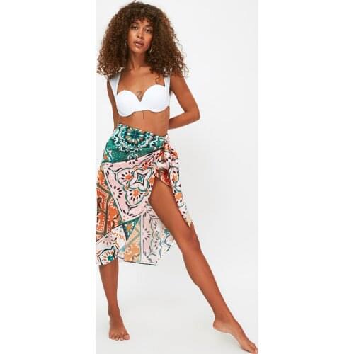 Colorful Paisley Moroccan Tile Patterned Tie Detailed Skirt Womens Bohem Summer Casual Beach Style