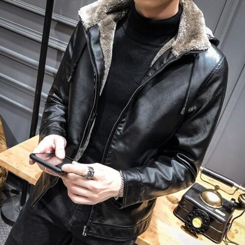 Winter New Mens Fleece Liner PU Leather Coat Hooded Warm Jacket Casual Winter Outwear T151