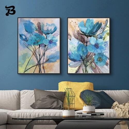 Nordic Blue Flowers Posters Prints Abstract Modern Plant Canvas Painting Wall Art Pictures for Living Room Bedroom Home Decor