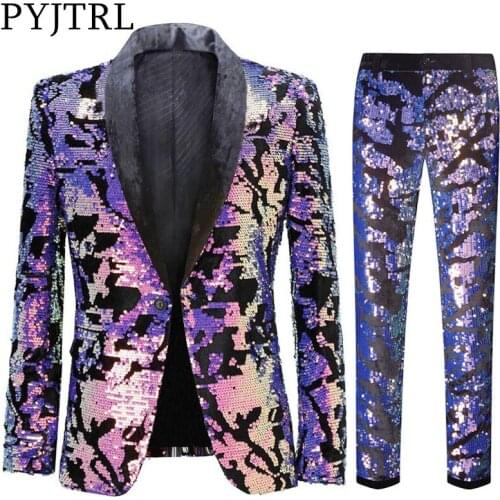 PYJTRL Two Pics Suit Fashion Purple Colorful Velvet Sequins Blazer With Pants Slim Fit Men Suit Jacket Stage Singer Costume