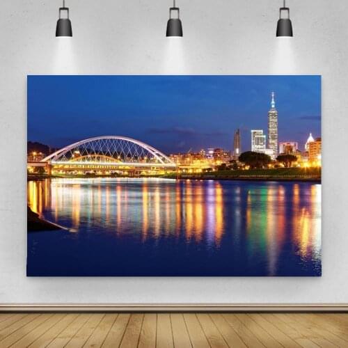 City Building Riverside Wooden Platform Child Night Scenic Photo Background Photography Backdrops Photocall Photo Studio