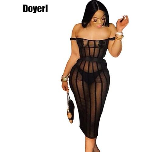 Sexy Off The Shoulder Bodycon Dresses Women Summer Black Transparent Mesh See Through Dress Fashion Elegant Club Party Dress