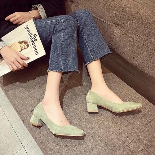 Simple Comfort Square Mid-Heeled High Heels Shoes Woman 2021 Retro Suede Square Toe Black Office Work Shoes Ladies Female Pumps