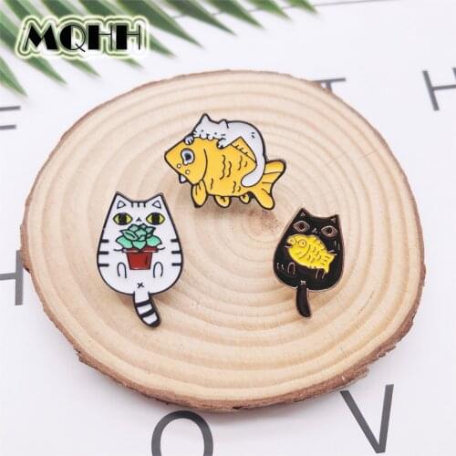 Fun Cartoon Animal Cat Fish Enamel Brooch Goldfish Plant Potted Alloy Pin Badge Clothes Bag Accessories Jewelry Gift For Friends