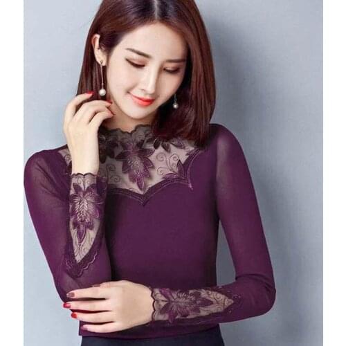 Hollow Out Women Spring Autumn Style Lace Blouses Shirts Casual Long Sleeve Patchwork Spliced Turtleneck Blusas Tops DD2241