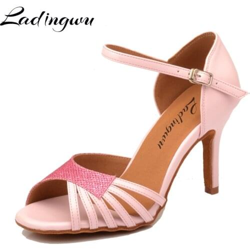 Ladingwu Latin Dance Shoes For Women Pink Glitter + PU Salsa Dance Shoes Womens Ballroom Dance Sandals