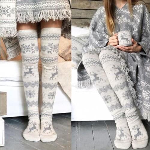 Women Ladies Winter Soft Cable Knit Over knee Long Boot Thigh-High Warm Stockings Leggings Cotton Christmas Snowflake Stocking