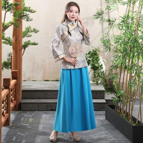 Women Chinese Tang Suit 2 piece sets long Sleeve Top+Skirt women ancient costume embroidered flower Hanfu asia elegant clothing