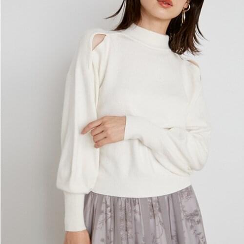 Sexy Shoulder Strapless Latern Long Sleeve Design Swaeter Japanese Elegant Women Tops 2021 Autumn Winter Knitted Pullover