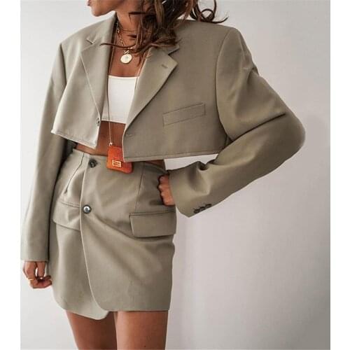Vintage Matching Set Blazer And Skirts Women England style Navel Exposed Short Empire Blazer Feminino Femme Two Piece Set