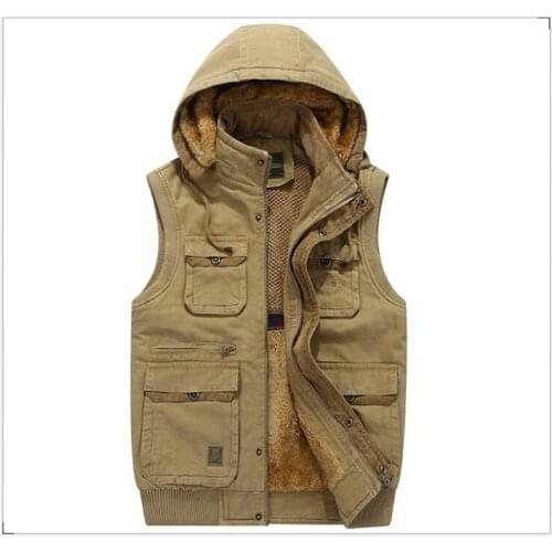 Fur Hood Sleeveless Vest Men Fleece Warm Jacket Waistcoat Travel Multi Pocket Quality Tactical Military Style Casual Thick Male