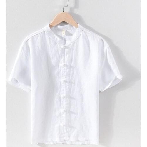 2021 Mens New Chinese Style Linen Vintage Chinese Knot Button Shirt Casual Youth Stand-up Collar 3/4 Sleeve Summer Linen Shirt