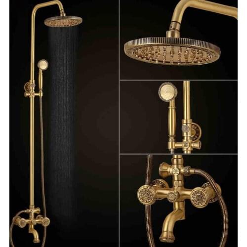Antique Brass Bath Shower Set Mixer Taps Wall Mounted Dual Handle Rotate Tub Spout Brass Hand Shower Shower Room Faucet