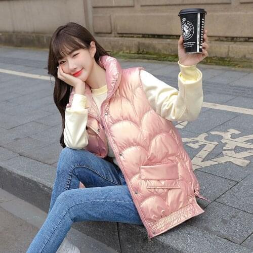 Shiny Winter Vest Loose Women Zipper Stand Collar Pocket Ladies Casual Sleeveless Jacket Waistcoat For Female Tops 2021 Jaquetas