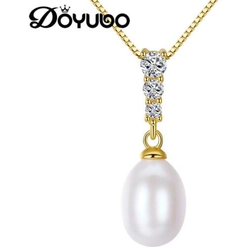 DOYUBO Antique Gold Color Sterling Silver Water Drop Pearl Pendant Necklace For Lady Real Silver Freshwater Charms Jewelry VA249