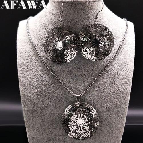 Stainless Steel Jewelry Set for Women Silver Color Big Flower Earrings Necklace Set Jewellery pendientes mujer moda S178225S01