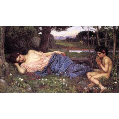 Listening to My Sweet Pipings by John William Waterhouse Canvas art Painting High quality Hand painted