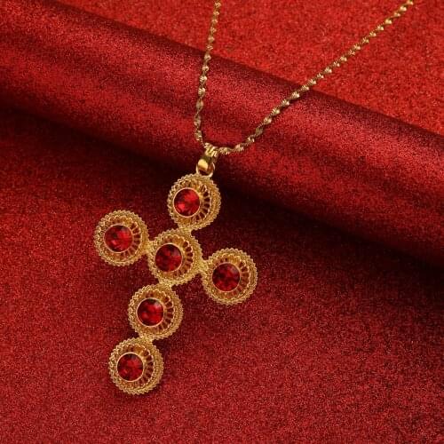 Red Stone Eritrea Jewelry Ethiopian Big Cross Pendant Necklaces for Women Africa Ethnic Bigger Crosses