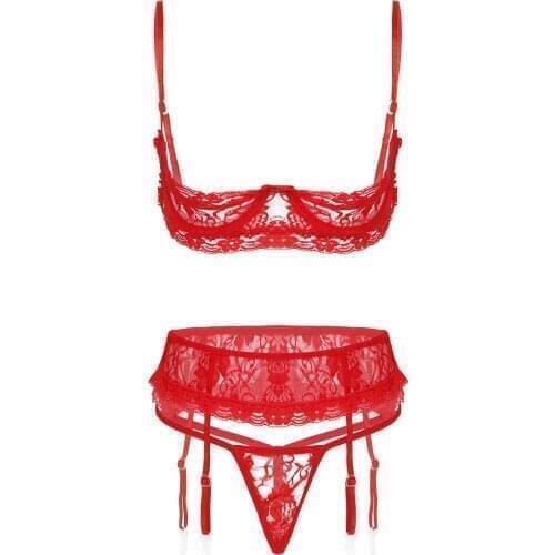 Lace Sexy Lingerie Set Underwear for Women Erotic Set Open Cup Underwired Bra with G-String Thong Briefs Garter Belt Sleepwear