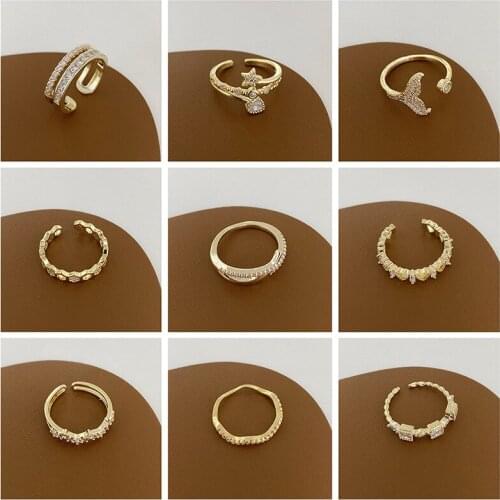 "Minar Korea Fashion CZ Zirconia Star Open Rings Delicate Imitation Pearl Shiny Rhinestones Charm Ring for Women Lady Jewelry "