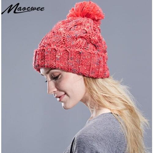 New Pom Poms Winter Hat for Women Warm Hats Knitted Ball Skullies Beanies Cap Brand Thick Autumn Female Girl 'S Cap Wholesale