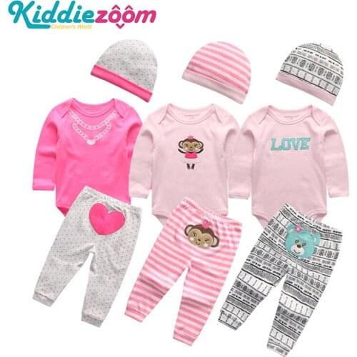 Spring Newborn Clothes Cotton Long Sleeve Rompers+Pant+Hat 3/4PCS/Set Pink Girls Boys Infant Animals 0-12M Baby Jumpsuit+Sock