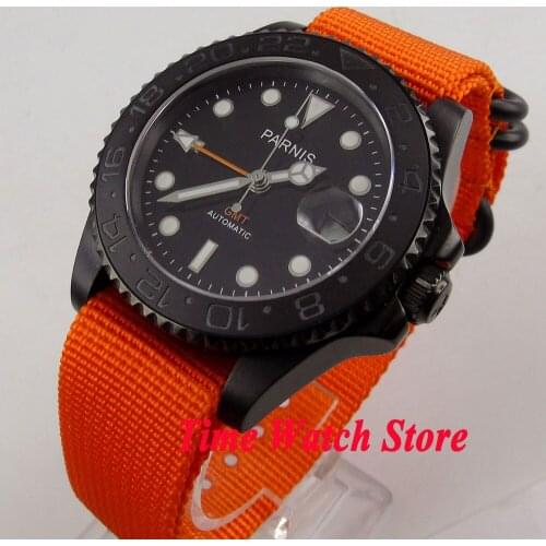 Parnis 40mm GMT 3804 PVD case Automatic mens watch sapphire glass black dial luminous ceramic bezel red nylon strap 529