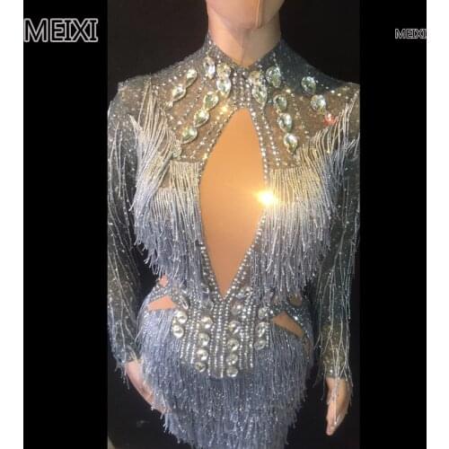 Stylish grey rhinestone fringed one-piece dress set luxurious bar birthday party concert singer dancer costumes