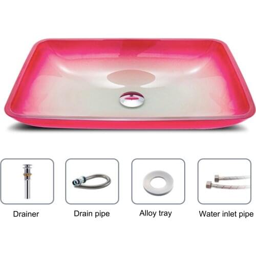 Tempered Glass Hand Wash Sink Above Counter Basin Pink Bathroom Basin With Drainer+Drainer Pipe+Inlet Pipe
