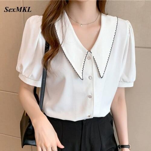 Summer White Chiffon Shirts Women 2021 Fashion Puff Sleeve Button Up Shirt Slim Elegant Korean French Ladies Office Tops Mujer
