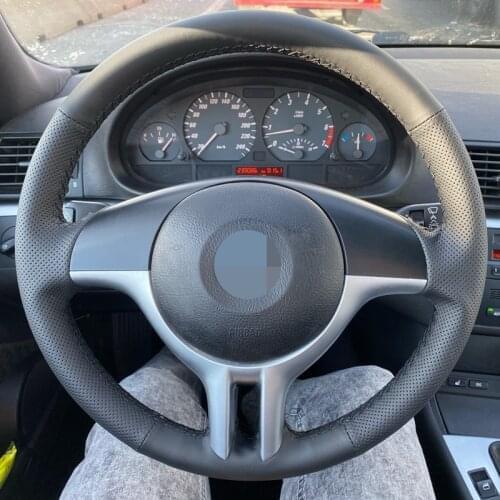 Hand-Stitched Non-Slip Black Artificial Leather Car Steering Wheel Cover For BMW E46 325i X5 E53 E39