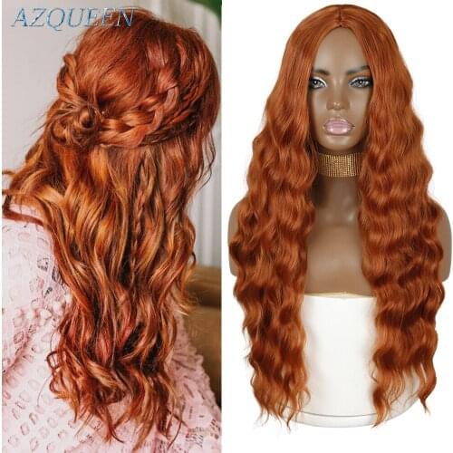 AZQUEEN 26 Inch Long Wavy Synthetic Wig Orange Golden Brown High Temperature Wigs Cosplay For Black White Women
