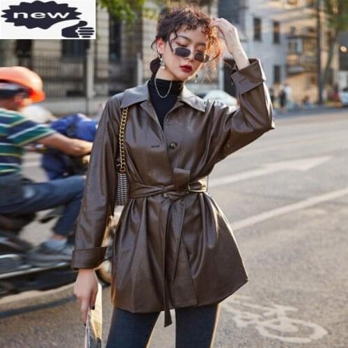 High Street Pu Jacket Women Autumn Winter Casual Coat Vintage Loose Sashes Single Breasted Faux Leather Biker Jackets