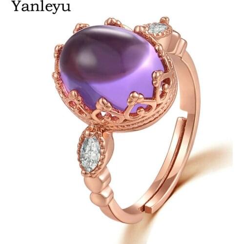 Yanleyu Luxury Natural Purple Stone Wedding Jewelry Rose Gold Color Purple Crystal Engagement Rings for Women Open Rings PR109