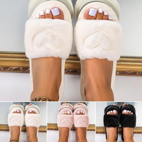 Winter House Slippers Women Fur Slippers Fashion Band Warm Plush Ladies Fluffy Shoes Cozy Open Toe Indoor Fuzzy Slides#f3