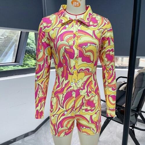 Women Autumn Playsuit Printed Turn-Down Collar Ladies Autumn Long Sleeve Button-Open Slim Rompers for Female Yellow
